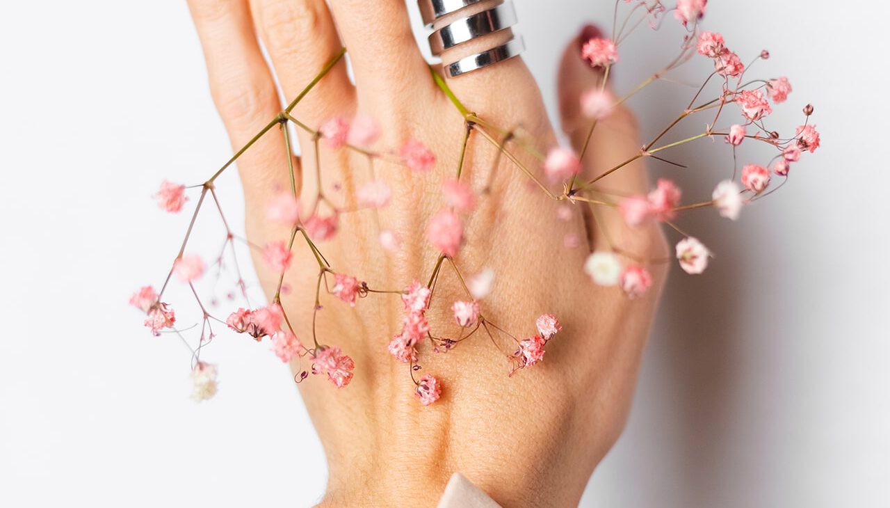 soft-gentle-photo-woman-hand-with-big-ring-red-manicure-hold-cute-little-pink-dried-flowers-white